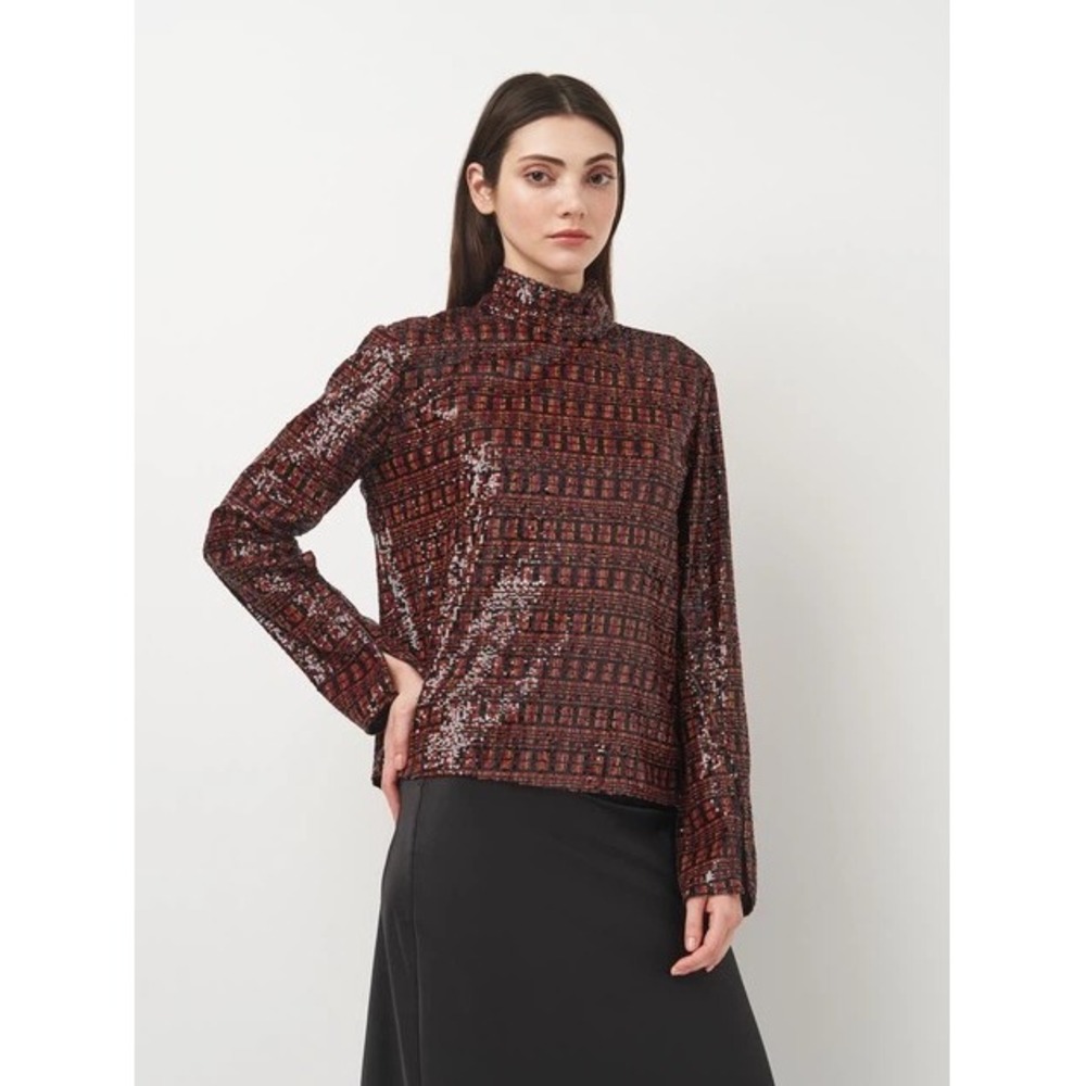 Zara Womens Medium Sequin Mock Neck Top Long Sleeve Copper Bronze Geometric